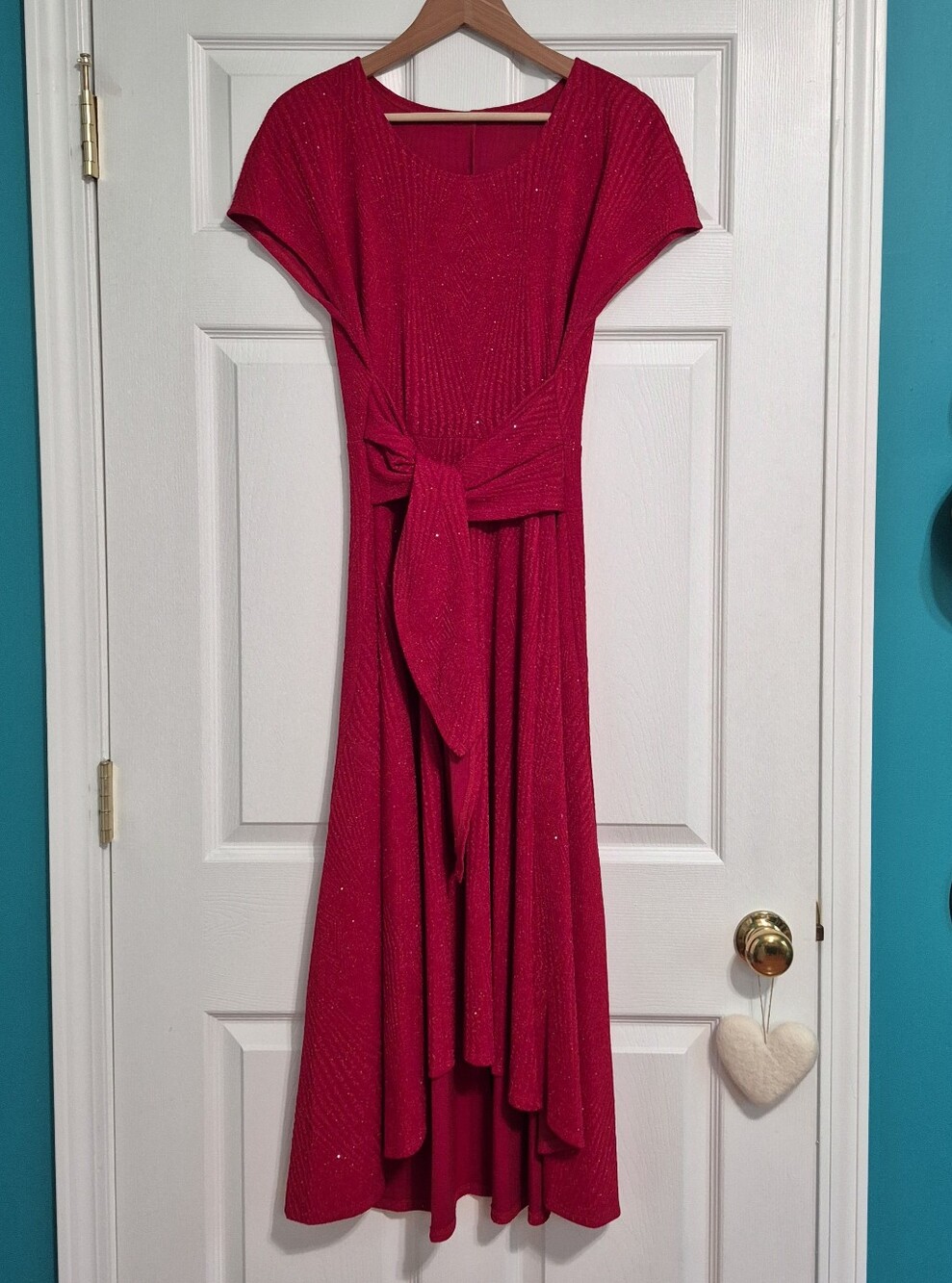 Women’s Sparkly Red Tie-Waist Midi Dress